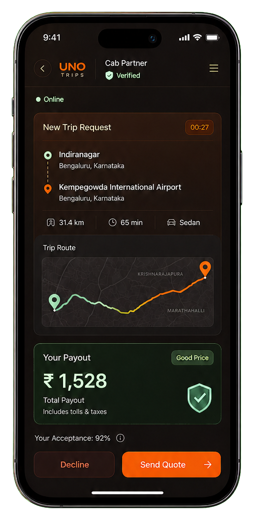 UNO Cab Partner app showing a trip request