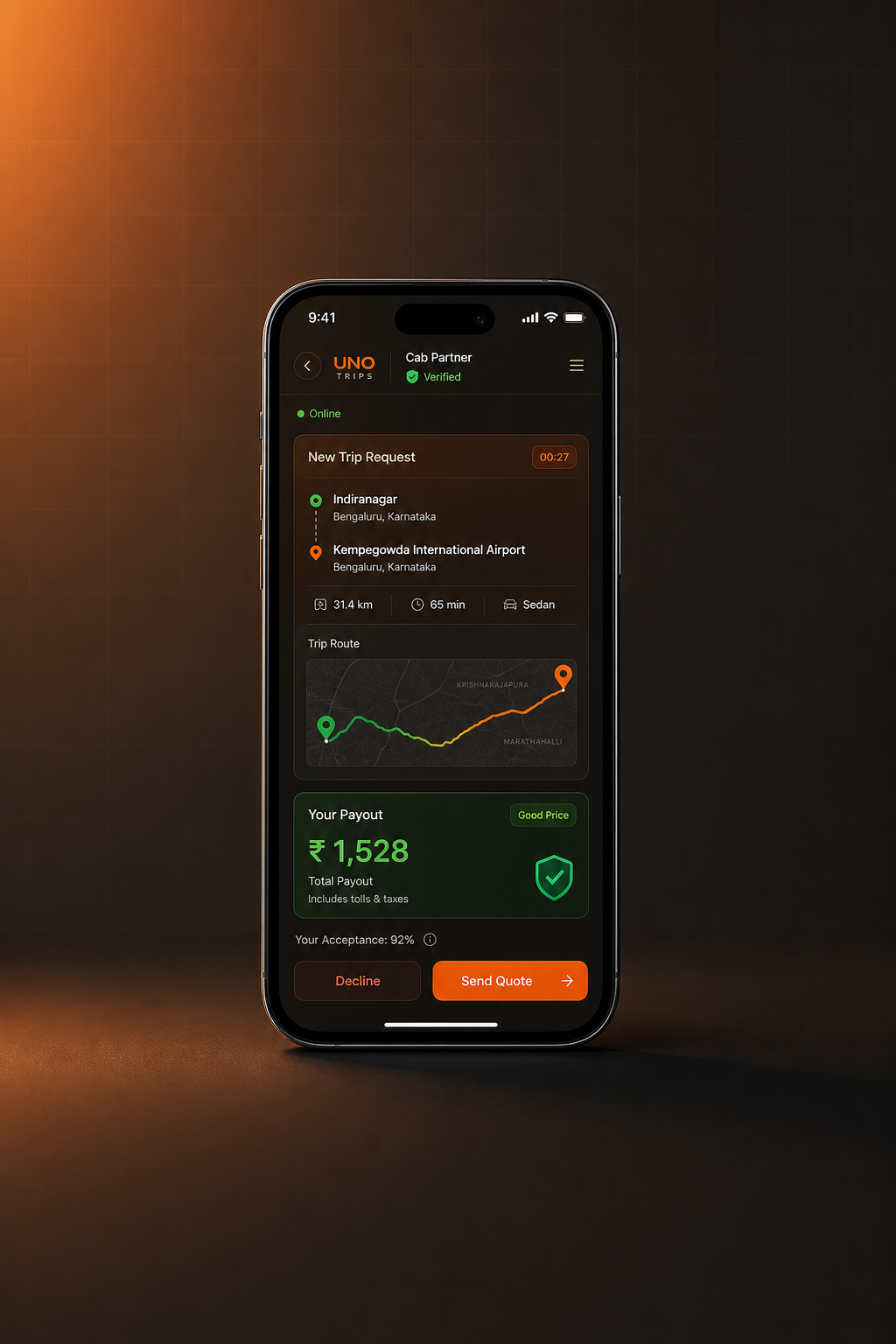 UNO Cabs partner app showing a trip request and quote payout