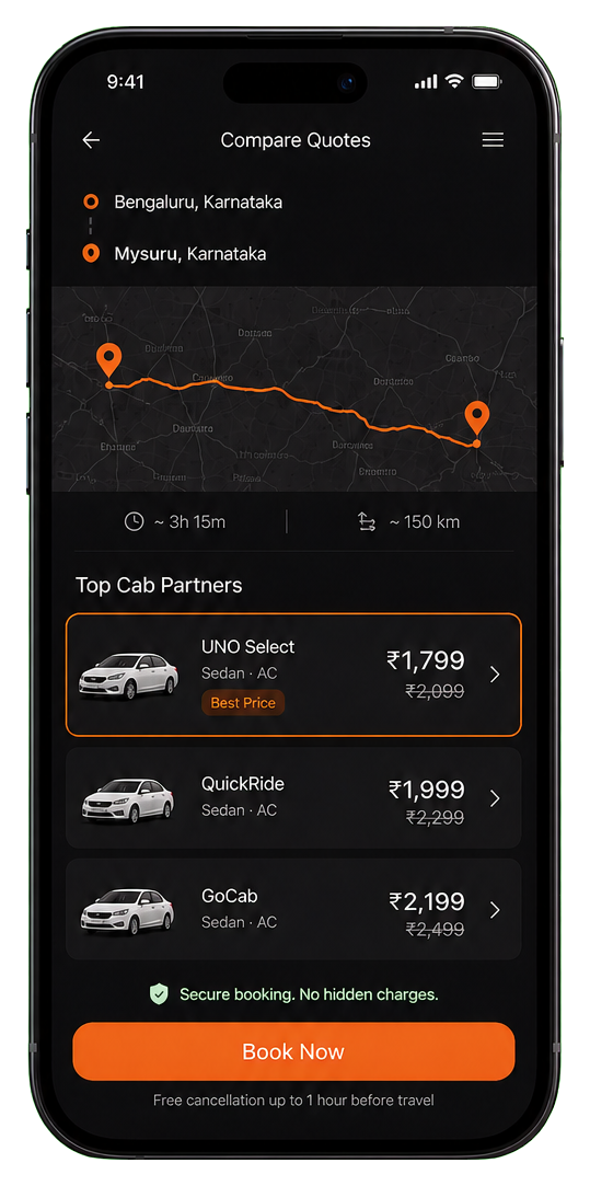 UNO Cabs traveller app comparing quotes