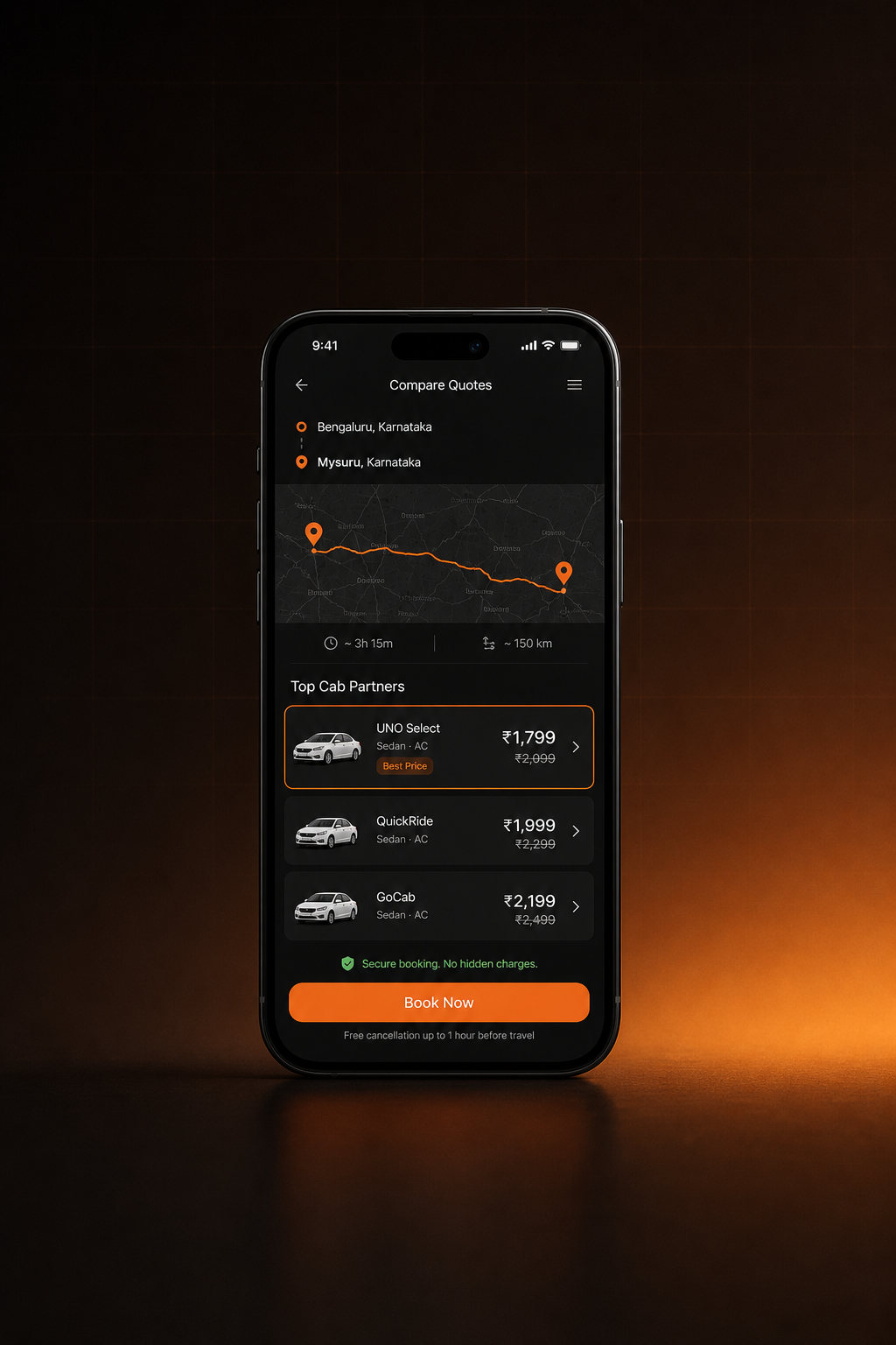 UNO Cabs app showing cab partner quote comparison